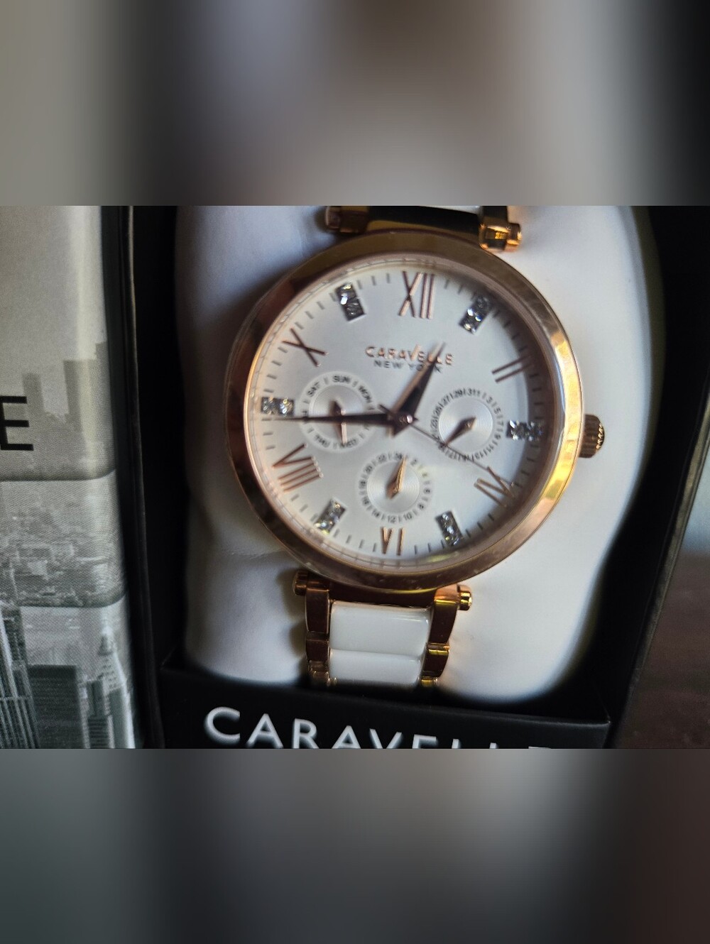 Caravelle New York Women's Rose Gold & White Watch – Crystal Accents –